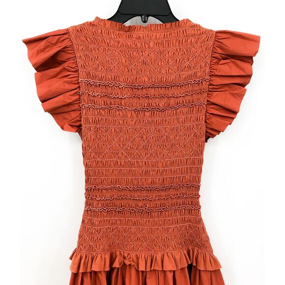 ULLA JOHNSON Women's Madeline Midi Dress Size 2 Orange Clay Ruffle Smocked NWT - Picture 7 of 13